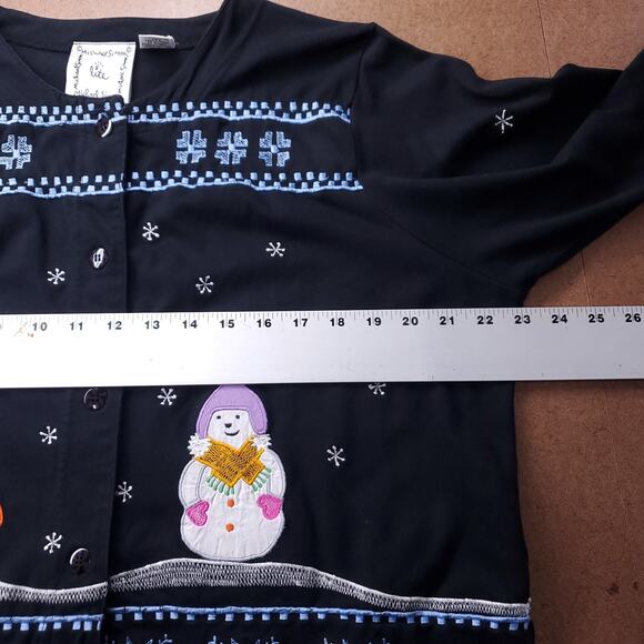 Michael Simon Christmas Cardigan Women XL Black Embroidered Snowmen Applique VTG - Picture 5 of 10
